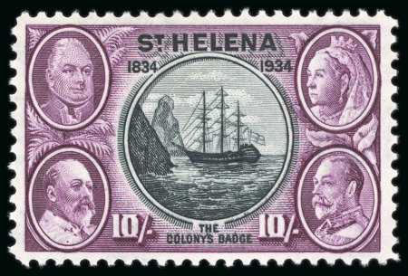 Stamp of St. Helena 1934 Centenary 2s6d and 5s in mint corner marginal blocks of four and single 10s mint