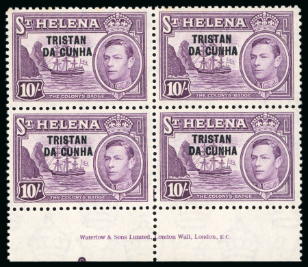 Stamp of Tristan da Cunha 1946-52, Group incl. 1952 2s6d and 10s in mint lower marginal imprint blocks of four 