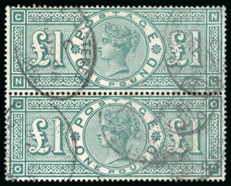Stamp of Great Britain » 1855-1900 Surface Printed » 1887-1900 Jubilee Issue & 1891 £1 Green 1891 £1 green NC-OC vertical pair cancelled by several registered oval ds