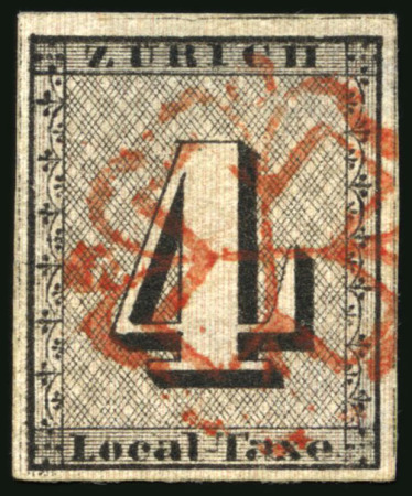 Stamp of Switzerland / Schweiz » Kantonalmarken » Zürich 1843, 4 Rp. schwarz mit senkrechten Unterdrucklinien, gestempelt