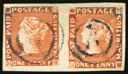 Stamp of Mauritius » 1848-59 Post Paid Issue » Intermediate Impressions (SG 10-15) 1848-59 Intermediate Impression 1d dull vermilion used pair