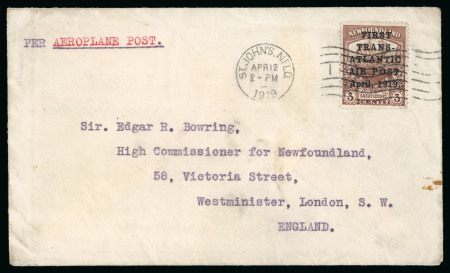 Stamp of Canada » Newfoundland 1919, 3c Red Brown, Hawker Air Post, very well-centered, tied by machine cancel on cover