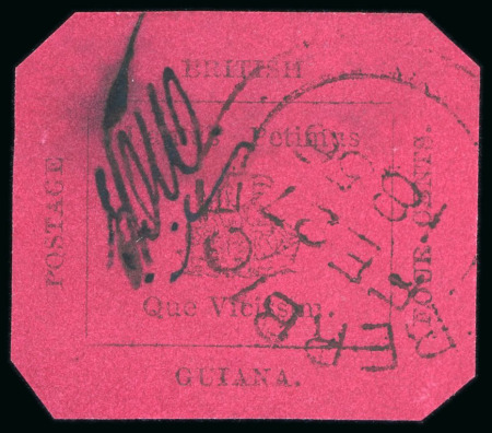 Stamp of British Guiana 1856, 4c black on magenta, cut octagonally with large margins, initialled "E.D.W", with very neat Berbice double circle ds