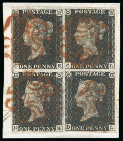 Stamp of Great Britain 1840, 1d black pl.2 CK/CL block of four, good to large margins, tied to piece by four crisp red Maltese Crosses