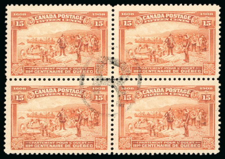 Stamp of Canada 1908, Québec Tercentenary 15c brown-orange, used, block of four, exceptionally well centered with central "R" registered mkg, fresh, very fine and a scarce used multiple (SG £380+).