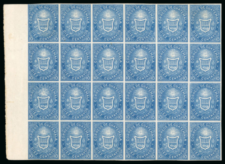 Stamp of Guatemala 1871, 10c blue, type I, imperforate marginal block of 24