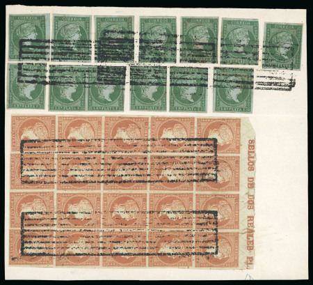 Stamp of Cuba 1855, 2r green, eleven singles and one pair, and 2r red-brick, marginal vertical block of 20 on piece