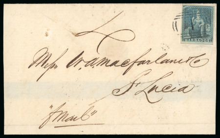 Stamp of Barbados 1855-58 1d pale blue, with good to very large margins, tied to JA 11 1857 cover to St. Lucia