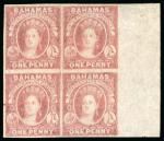 Stamp of Bahamas 1859-60, 1d pale lake on thin paper, in mint right marginal block of 4