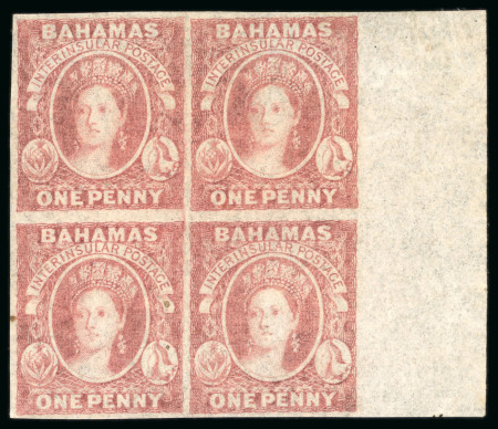 Stamp of Bahamas 1859-60, 1d pale lake on thin paper, in mint right marginal block of 4