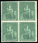 Stamp of Barbados 1852-55, (1/2d) deep green on blued paper in mint l.h. block of four