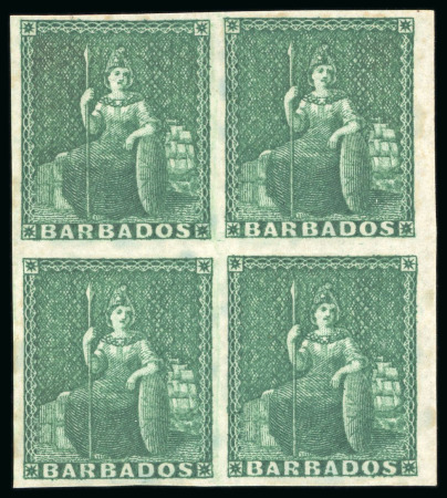 Stamp of Barbados 1852-55, (1/2d) deep green on blued paper in mint l.h. block of four