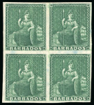 Stamp of Barbados 1852-55, Blued paper group of 4 mint blocks of four