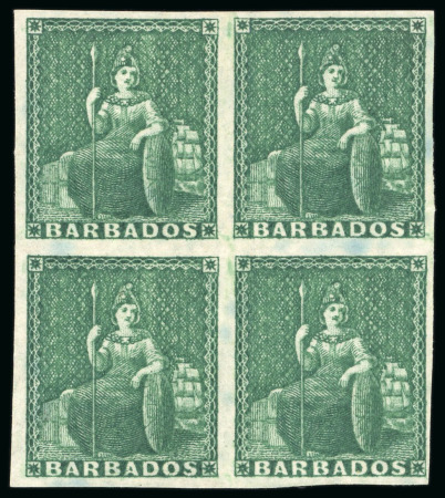Stamp of Barbados 1852-55, Blued paper group of 4 mint blocks of four