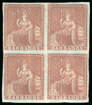 Stamp of Barbados 1852-55, Blued paper group of 4 mint blocks of four