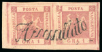 Stamp of Italian States » Naples 1858, 1gr rose, plate I, used pair, and 2gr rose, plate I, four singles on piece