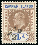 Stamp of Cayman Islands 1908, 2 1/2d on 4d brown and blue mint l.h.