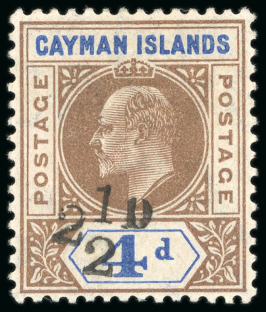Stamp of Cayman Islands 1908, 2 1/2d on 4d brown and blue mint l.h.