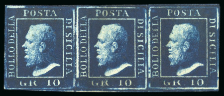 Stamp of Italian States » Sicily 1859, 10gr dark blue, a large margined strip of three, mint