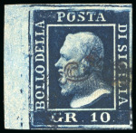 Stamp of Italian States » Sicily 1859, 10gr indigo, a stunning marginal example from
