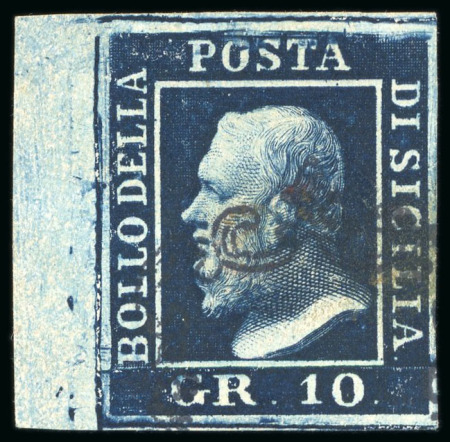 Stamp of Italian States » Sicily 1859, 10gr indigo, a stunning marginal example from