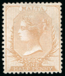 Stamp of Malta 1860-63, No wmk 1/2d on thin hard white paper, two