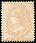 Stamp of Malta 1860-63, No wmk 1/2d on thin hard white paper, two