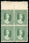 Stamp of Grenada 1861-62, No wmk 1d green in mint n.h. top marginal block of four