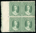 Stamp of Grenada 1861-62, No wmk 1d green in mint l.h. left marginal block of four