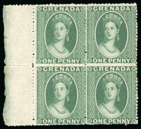 Stamp of Grenada 1861-62, No wmk 1d green in mint l.h. left marginal block of four