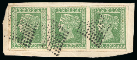 Stamp of India 1854, 2a green strip of three, good to large margins, tied to small piece