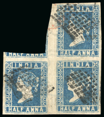 Stamp of India 1854 Lithograph group incl. 1/2a die I block of three, 1a red die I with four margins possibly unused, etc.
