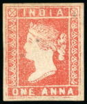 Stamp of India 1854 Lithograph group incl. 1/2a die I block of three, 1a red die I with four margins possibly unused, etc.