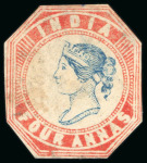 Stamp of India 1854 Lithograph group incl. 1/2a die I block of three, 1a red die I with four margins possibly unused, etc.