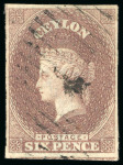 Stamp of Ceylon 1857 6d purple-brown on blued paper, fine to large margins, use, plus reprinted die proof in blue