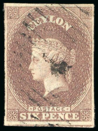 Stamp of Ceylon 1857 6d purple-brown on blued paper, fine to large margins, use, plus reprinted die proof in blue