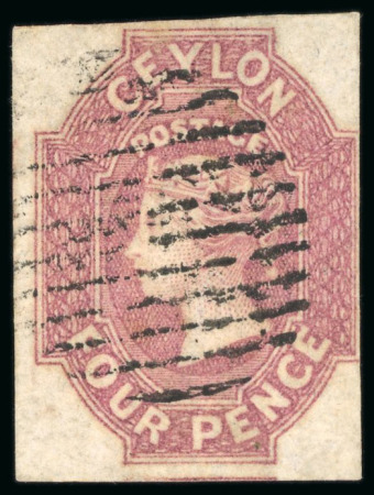 Stamp of Ceylon 1857-59, 4d dull rose with outer frameline cut into at right, used