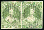 Stamp of New Zealand 1855-57 London Printing 1s pale yellow-green on blued paper in horizontal pair, used