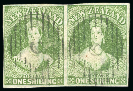 Stamp of New Zealand 1855-57 London Printing 1s pale yellow-green on blued paper in horizontal pair, used