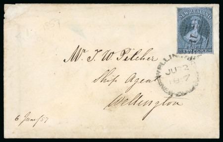 Stamp of New Zealand 1855-58 2d blue on blue paper, fine to good margins, tied to envelope from Ahuriri to Wellington