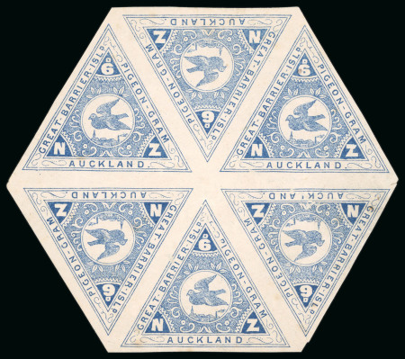 Stamp of New Zealand Pigeon Post: 1899 6d blue imperf. hexagonal block of 6 and unused flimsy
