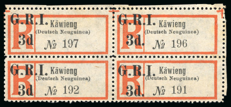 Stamp of New Guinea 1915 "G.R.I. / 3d." on Käwieng (Deutsch Neuguinea)" registration label in unused block of four
