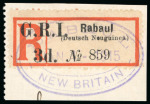Stamp of New Guinea 1915 "G.R.I. / 3d." on Rabaul (Deutsch Neuguinea)" registration label tied to piece