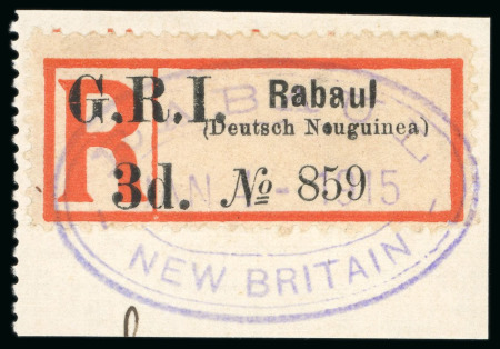 Stamp of New Guinea 1915 "G.R.I. / 3d." on Rabaul (Deutsch Neuguinea)" registration label tied to piece