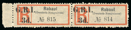 Stamp of New Guinea 1915 "G.R.I. / 3d." on Rabaul (Deutsch Neuguinea)" registration label unused pair