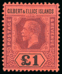 Stamp of Gilbert and Ellice Islands 1912-24, £1 purple & black on red mint, very fine