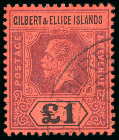 Stamp of Gilbert and Ellice Islands 1912-24, £1 purple & black on red with forged Madame Joseph cancellation