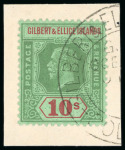 Stamp of Gilbert and Ellice Islands 1922-27, 10s green & red on emerald used tied to small piece by "Colony" double circle ds, plus mint exampl