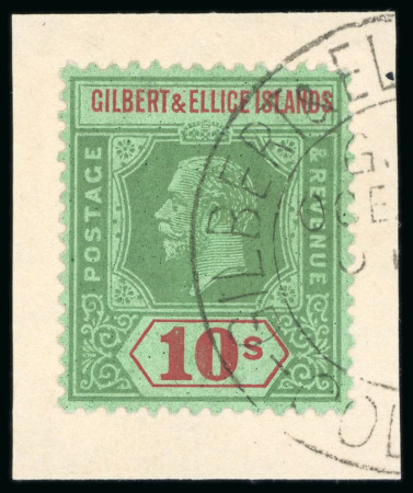 Stamp of Gilbert and Ellice Islands 1922-27, 10s green & red on emerald used tied to small piece by "Colony" double circle ds, plus mint exampl