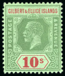 Stamp of Gilbert and Ellice Islands 1922-27, 10s green & red on emerald used tied to small piece by "Colony" double circle ds, plus mint exampl